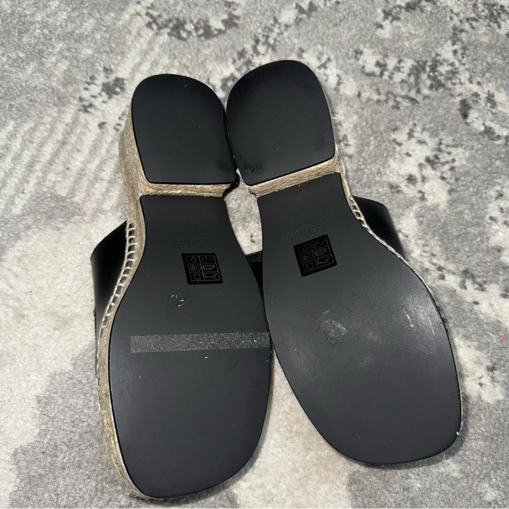 J. Crew Made in Spain Black Leather Gold Buckle Block Heel Espadrilles